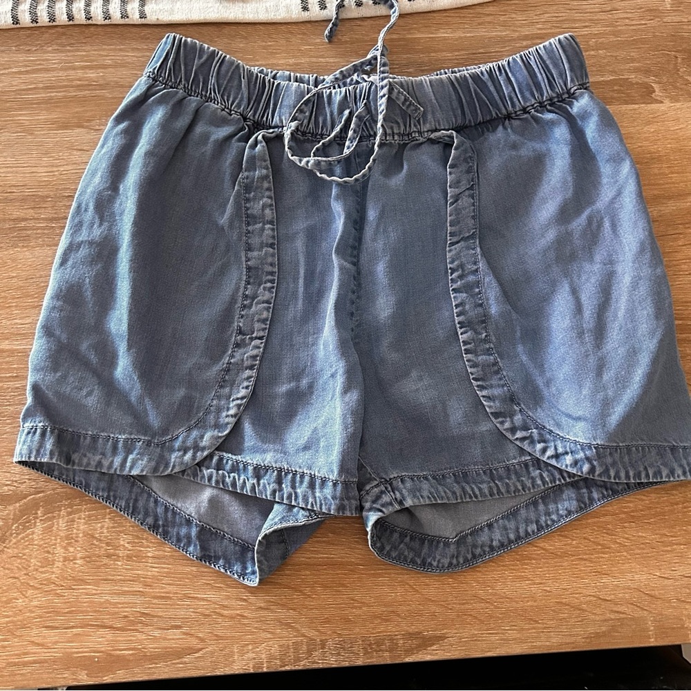 Mango Blue cloth denim viscose fold over Shorts stretch linen summer xs EUC